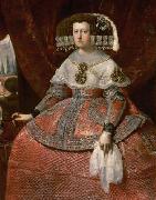 Konigin Maria Anna von Spanien in hellrotem Kleid Diego Velazquez